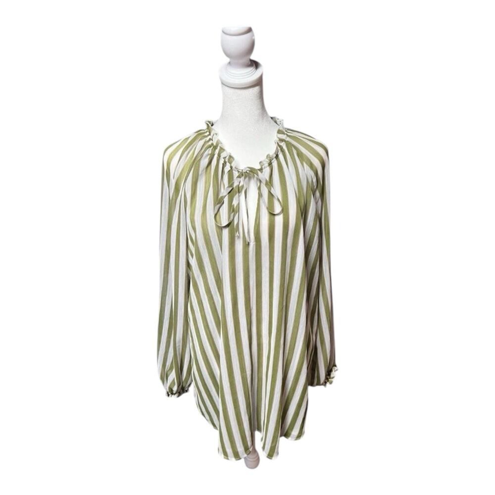 Show Me Your Mumu California Boho Tunic Top Green White Stripe Peasant Blouse XS